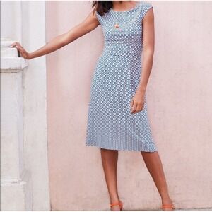Boden Marina Blue White Red Geometric Floral Jersey Fit Flare Dress 4R